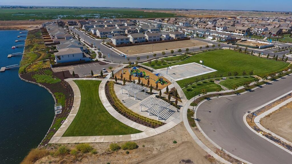 Tidewater Park at River Islands in Lathrop with a playground and basketball court